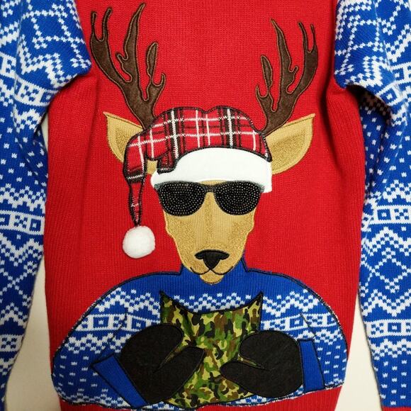 Jolly Sweaters Red and Blue Sweater Reindeer Camo and Plaid - Size S - Picture 2 of 7